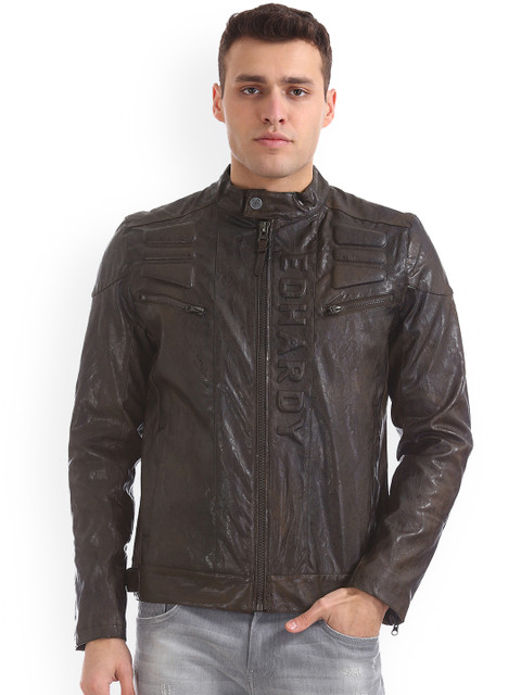 

Ed Hardy Men Brown Solid Biker Jacket