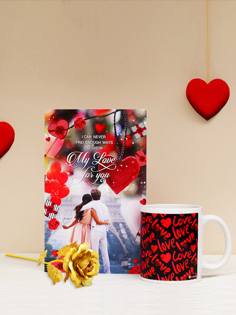 

Archies Love Gifts Valentines Day Special Mug, Greeting Card and Gold -Coloured Rose, Multi