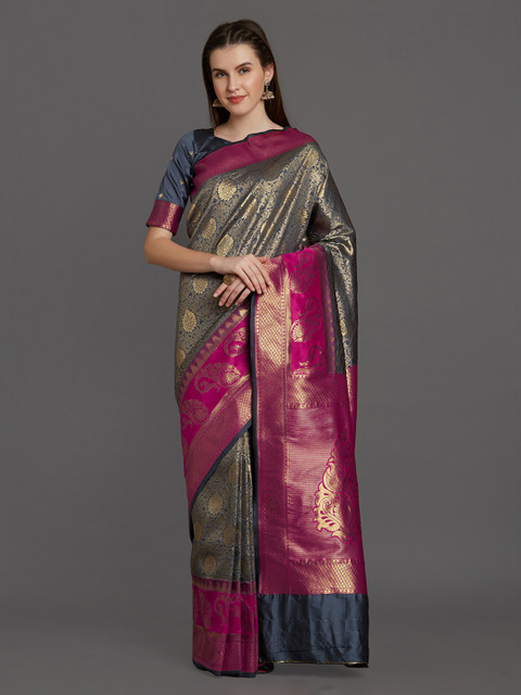 

Mitera Grey & Pink Silk Blend Woven Design Banarasi Saree