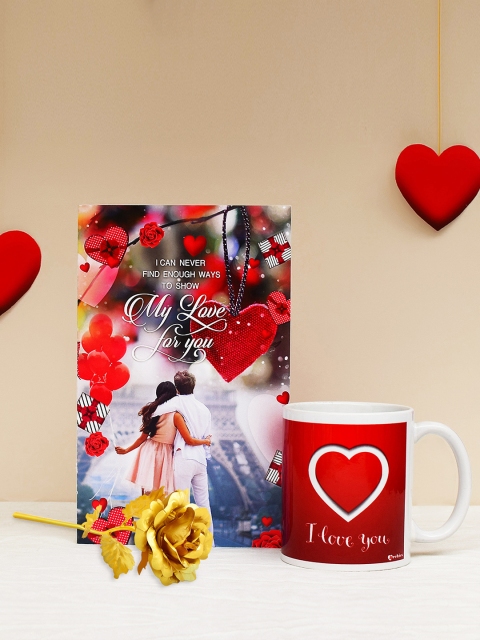 

Archies Love Gifts Valentines Day Special Mug, Greeting Card and Gold -Coloured Rose, Multi