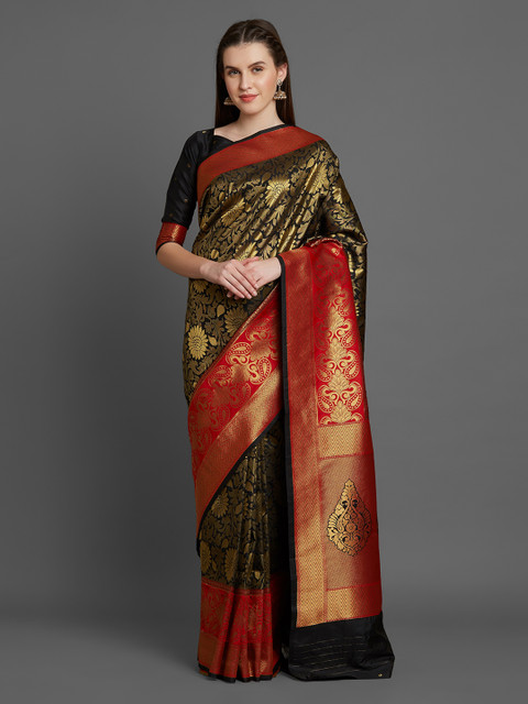 

Mitera Black & Red Silk Blend Woven Design Banarasi Saree