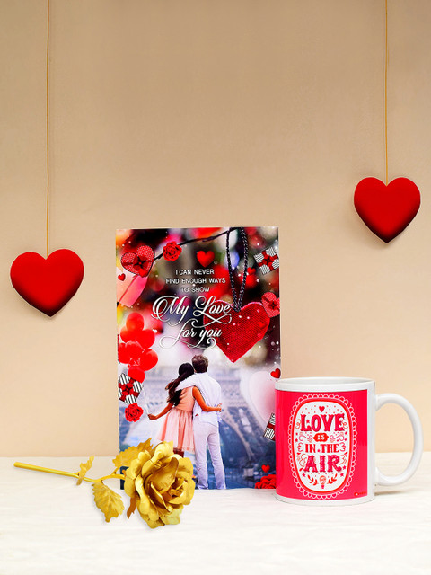 

Archies Love Gifts Valentines Day Special Mug, Greeting Card and Gold -Coloured Rose, Multi
