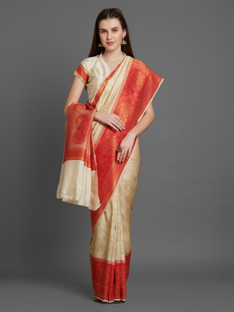 

Mitera Cream-Coloured & Red Silk Blend Woven Design Banarasi Saree