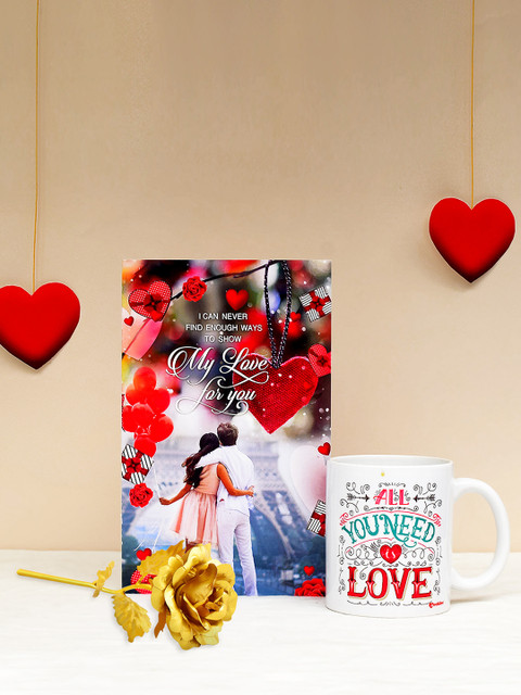 

Archies Love Gifts Valentines Day Special Mug, Greeting Card and Gold -Coloured Rose, Multi