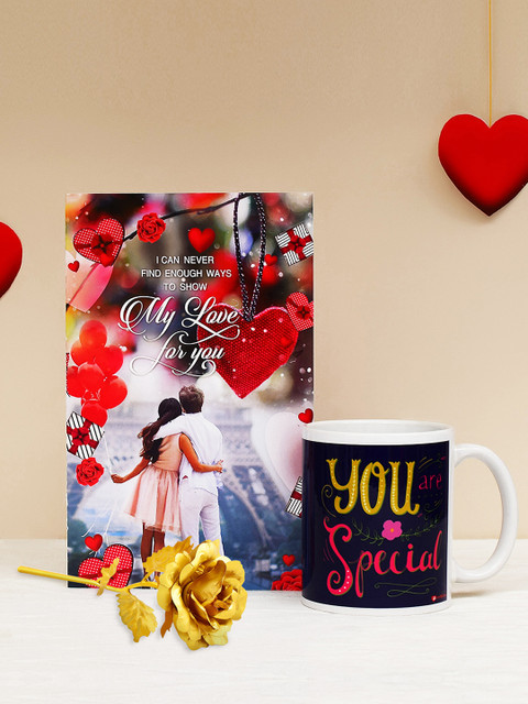 

Archies Love Gifts Valentines Day Special Mug, Greeting Card and Gold -Coloured Rose, Multi