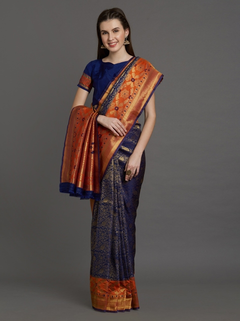 

Mitera Navy Blue Silk Blend Woven Design Banarasi Saree