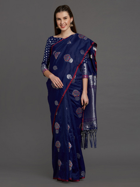 

Mitera Navy Blue Silk Blend Solid Banarasi Saree