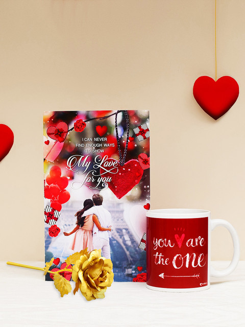 

Archies Love Gifts Valentines Day Special Mug, Greeting Card and Gold -Coloured Rose, Multi