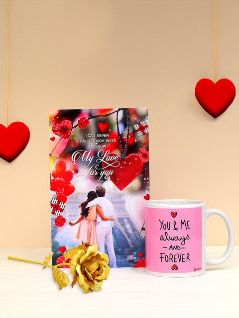 

Archies Love Gifts Valentines Day Special Mug, Greeting Card and Gold -Coloured Rose, Multi