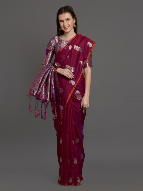 

Mitera Maroon Silk Blend Solid Banarasi Saree