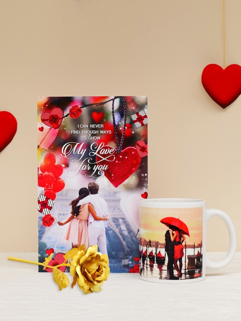 

Archies Valentines Day Special Mug, Greeting Card and Gold -Coloured Rose, Multi