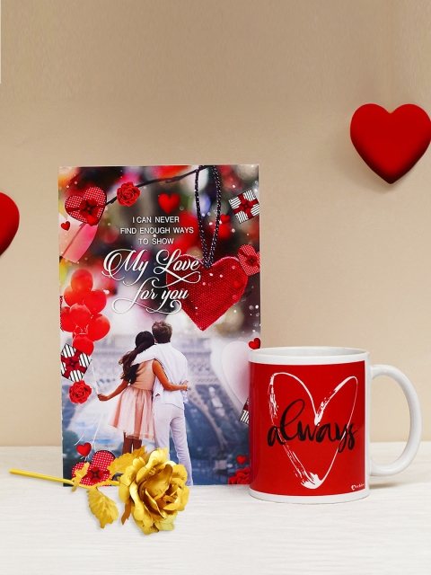 

Archies Love Gifts Valentines Day Special Mug, Greeting Card and Gold -Coloured Rose, Multi