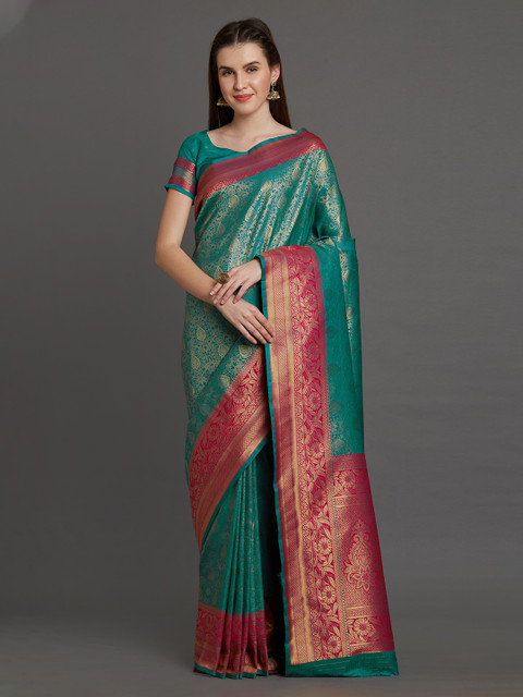 

Mitera Teal & Green Silk Blend Woven Design Banarasi Saree