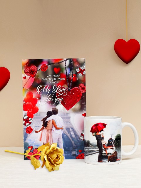 

Archies Love Gifts Valentines Day Special Mug, Greeting Card and Gold -Coloured Rose, Multi