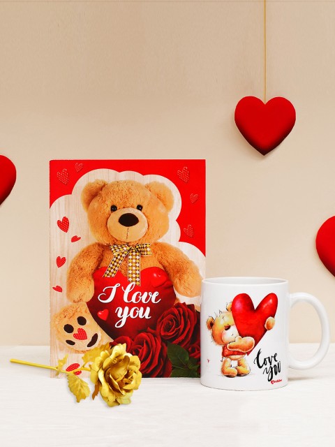 

Archies Love Gifts Valentines Day Special Mug, Greeting Card and Gold -Coloured Rose, Multi