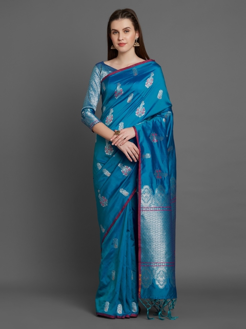 

Mitera Blue Silk Blend Solid Banarasi Saree