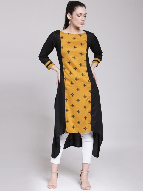 

plusS Women Black & Mustard Yellow Printed A-Line Kurta