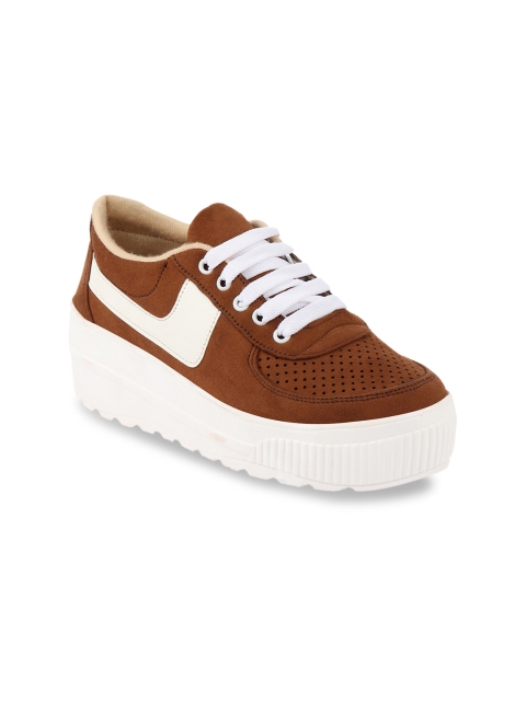 

Shoetopia Women Tan Brown & White Colourblocked Suede Heeled Boots