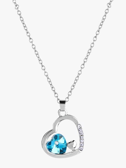 

Peora Women Silver-Toned & Blue Crystal Heart Pendant