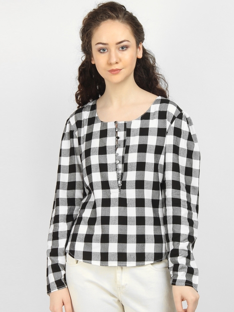 

LA LOFT Women Black & White Checked Pure Cotton Top
