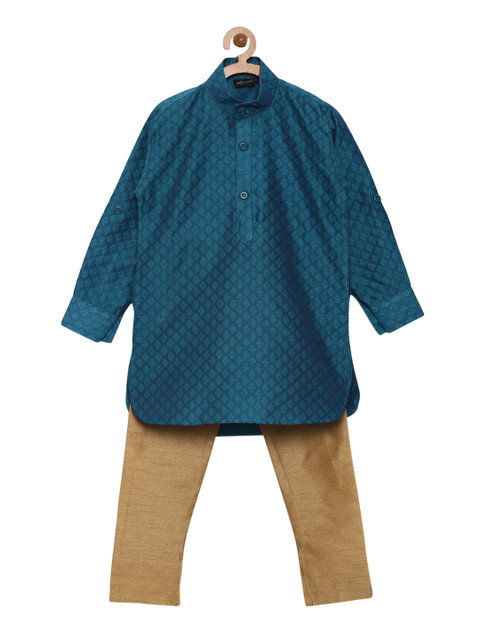 

Kidling Boys Teal Blue & Gold-Coloured Self Design Kurta with Pyjamas