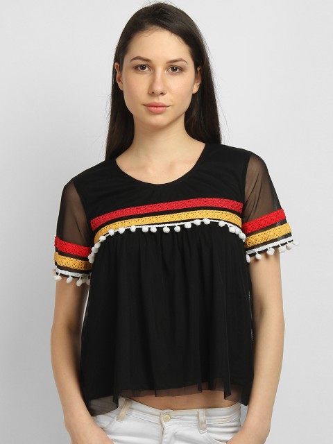 

LA LOFT Women Black Self Design A-Line Top