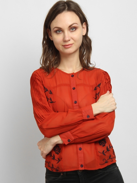 

LA LOFT Women Rust Regular Fit Self Design Casual Shirt