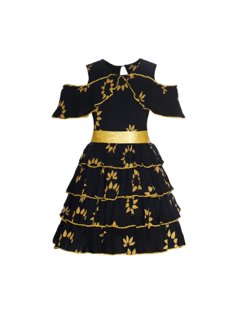 

naughty ninos Girls Black & Yellow Printed Fit and Flare Layered Dress