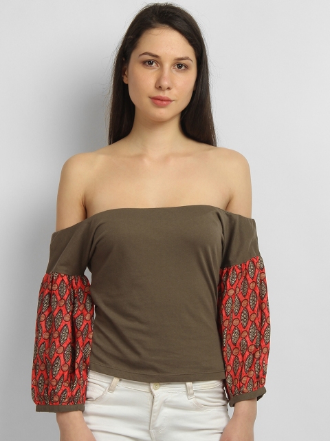 

LA LOFT Women Khaki Printed Bardot Pure Cotton Top