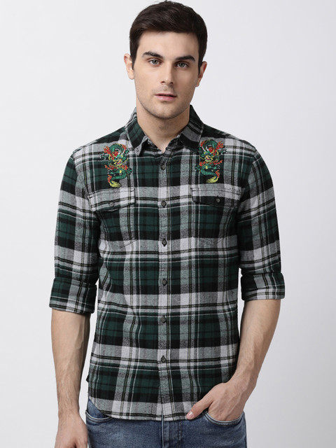 

Blue Saint Men Green & Grey Slim Fit Checked Casual Shirt