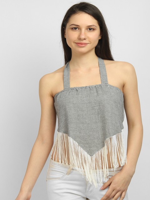 

LA LOFT Women White Striped A-Line Top