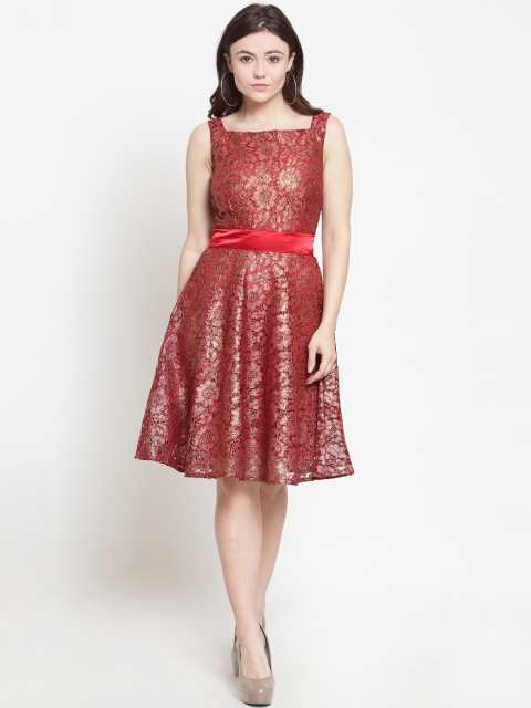 

Just Wow Women Maroon Self Design Fit and Flare Dress