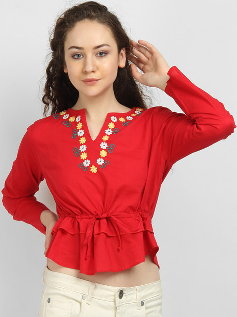 

LA LOFT Women Red Self Design Crop Cinched Waist Top