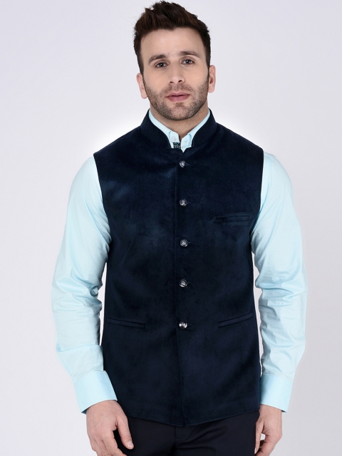 

TAG 7 Men Navy Blue Solid Velvet Nehru Jacket