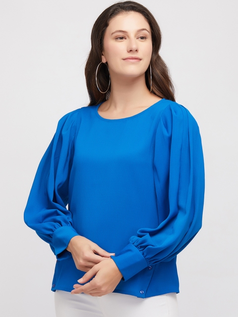 

109F Women Blue Solid Cuffed Sleeves Top
