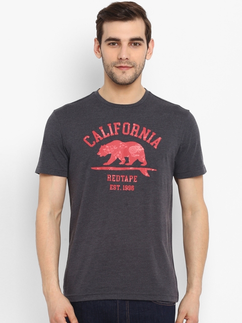 

Red Tape Men Grey Melange Printed Round Neck T-shirt