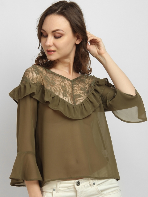 

LA LOFT Women Olive Green Self Design A-Line Top