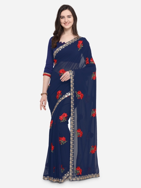 

Indian Women Navy Blue Embroidered Pure Georgette Saree