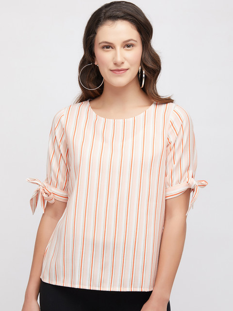 

109F Women Coral Orange Striped Top