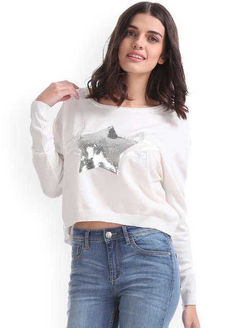 

Flying Machine Women White Embellished High-Low Top