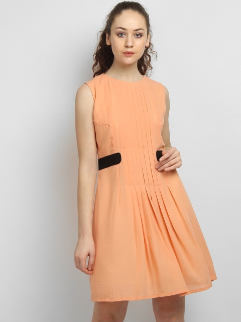 

LA LOFT Women Peach-Coloured Solid Fit and Flare Dress