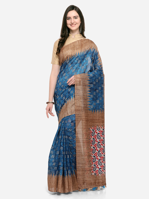 

Rajnandini Blue & Brown Linen Blend Printed Saree