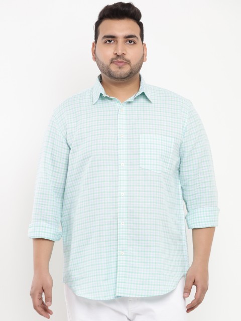 

John Pride Plus Size Men Sea Green Regular Fit Checked Linen Casual Shirt