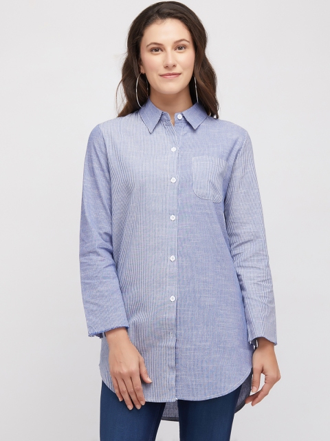 

109F Women Blue Regular Fit Striped Longline Casual Shirt