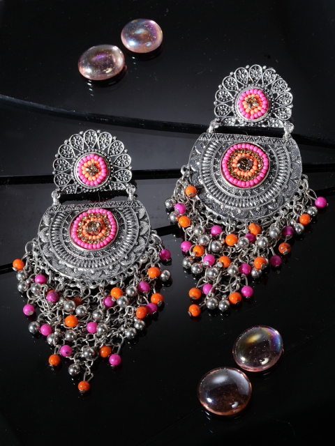 

Moedbuille Silver-Plated Pink & Orange Crescent Shaped Drop Earrings
