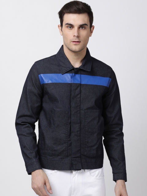 

Blue Saint Men Navy Blue Striped Denim Jacket