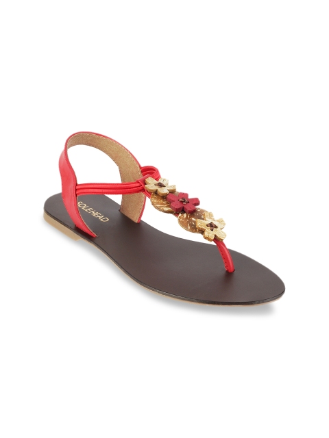 

SOLE HEAD Women Red Solid Synthetic T-strap Flats