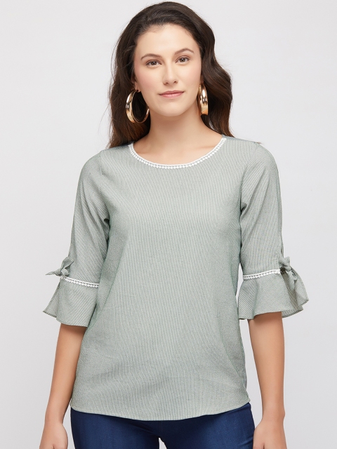 

109F Women Green Striped Bell Sleeves Top