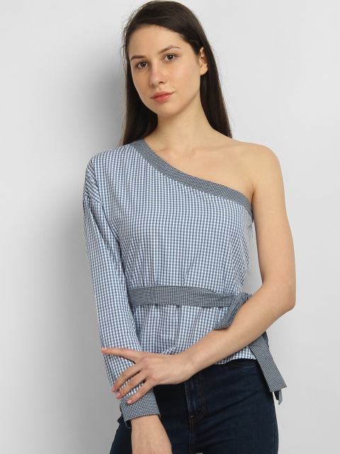 

LA LOFT Women Blue Checked Top