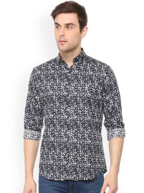 

V Dot Men Navy Blue & Off-White Slim Fit Printed Casual Shirt